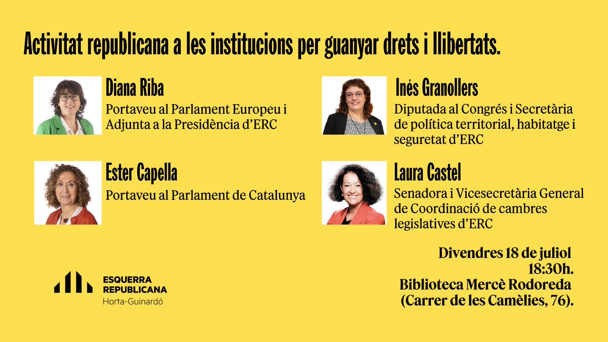 ERC Horta-Guinardó (@erchg7) on Twitter photo Ja ha començat l’acte per explicar tota la feina que fa <a href="/Esquerra_ERC/">Esquerra Republicana</a> des de les institucions.
Davant del soroll que escoltem a les notícies, ERC planteja solucions per garantir drets com l’habitatge, la mobilitat sostenible i el treball digne. Ja ha començat l’acte per explicar tota la feina que fa <a href="/Esquerra_ERC/">Esquerra Republicana</a> des de les institucions.
Davant del soroll que escoltem a les notícies, ERC planteja solucions per garantir drets com l’habitatge, la mobilitat sostenible i el treball digne.