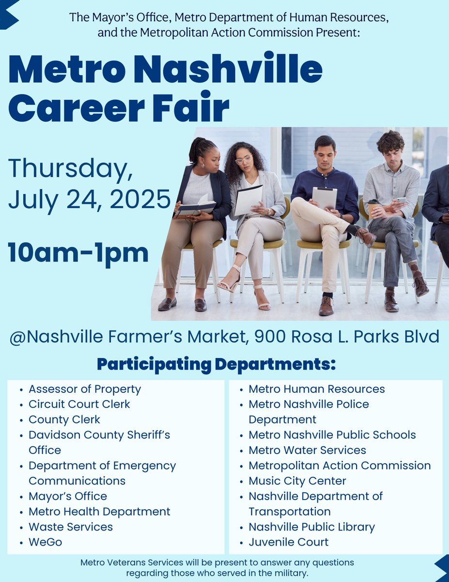 💼 Ready for Your Next Opportunity?

Don’t forget! Our Career Fair is happening Thursday, July 24th from 10AM–1PM! Explore open positions, and take the next step in your career journey. 

#metronashvillecareers #CareerFair #jobfair #nashvillejobs #nashvilletn