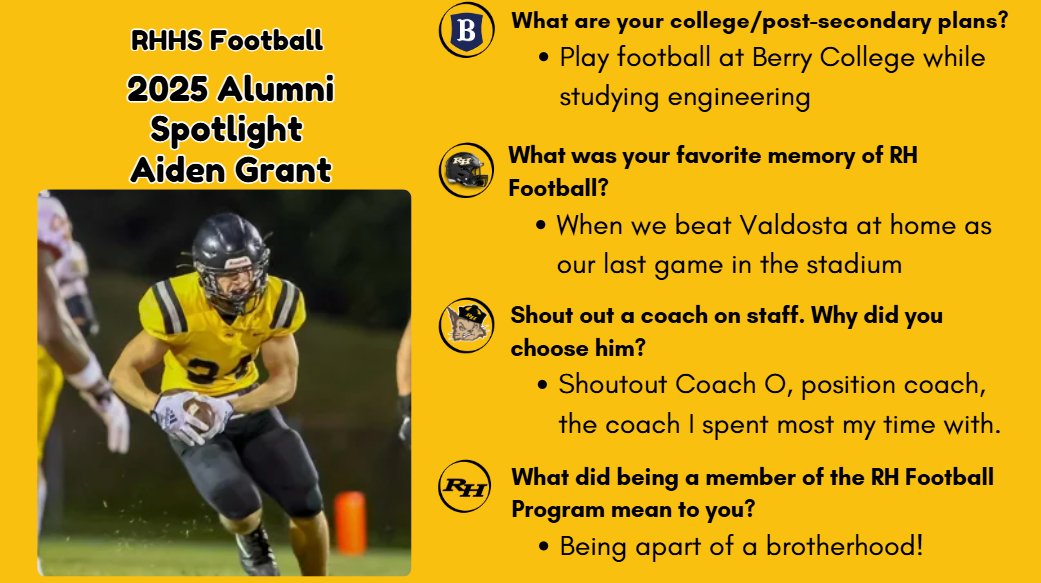 Richmond Hill FB (@rhhsfootball) on Twitter photo Alumni Spotlight: Aiden Grant <a href="/AidenGrant25/">Aiden Grant</a> From Richmond Hill to Berry College — Aiden’s journey is just getting started! Hard work, leadership, and determination paved his way, and we are proud to call him a RHHS alum. Keep chasing greatness, Aiden!
#BTH #HillBuilt Alumni Spotlight: Aiden Grant <a href="/AidenGrant25/">Aiden Grant</a> From Richmond Hill to Berry College — Aiden’s journey is just getting started! Hard work, leadership, and determination paved his way, and we are proud to call him a RHHS alum. Keep chasing greatness, Aiden!
#BTH #HillBuilt