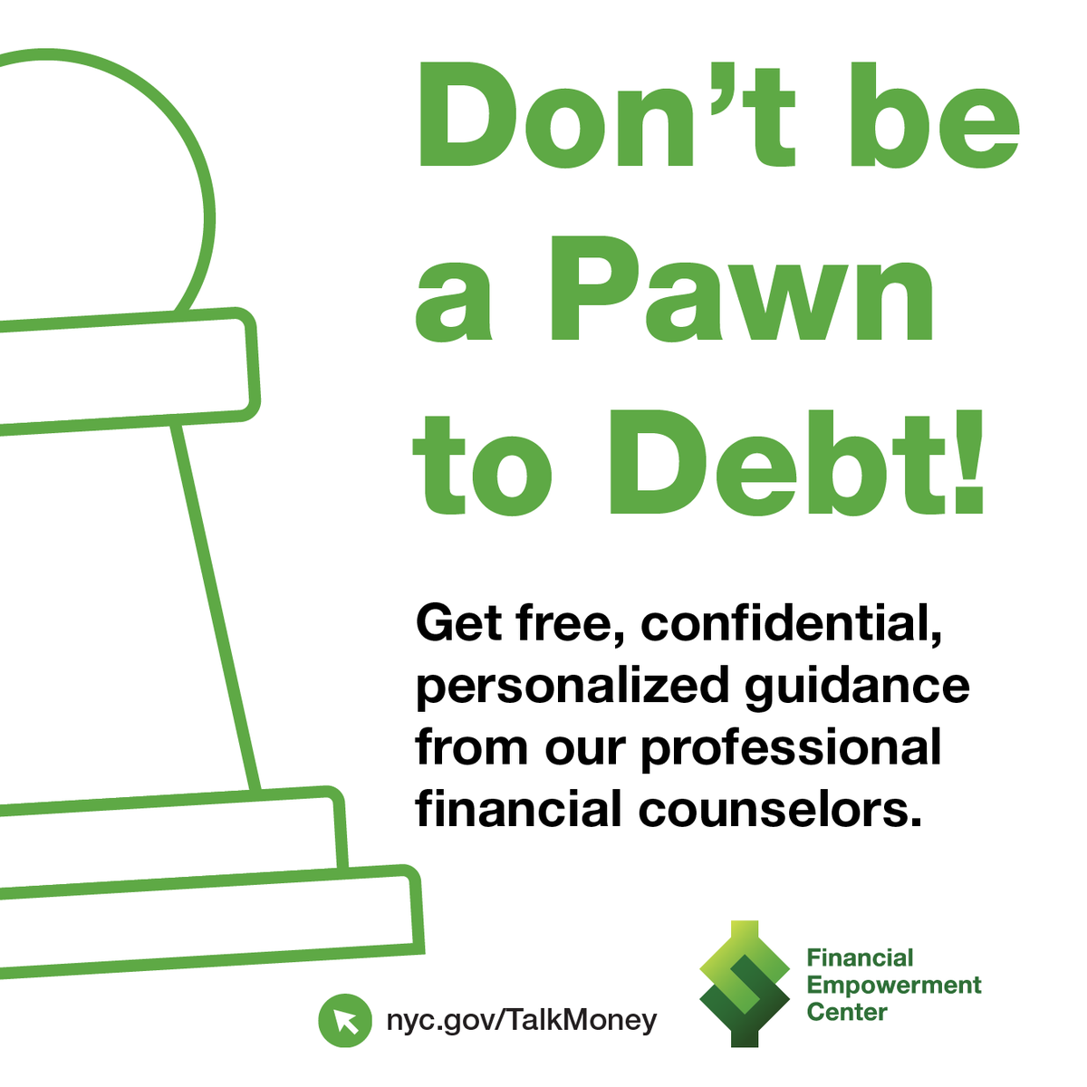 helloDCWP's tweet image. ♟️ Don’t be a pawn to debt!
Get free, confidential, personalized guidance from our professional financial counselors to:
👑 Pay down debt
👑 Create a budget,
👑 Save for your future and more.
Make an appointment today: nyc.gov/TalkMoney
#WorldChessDay
