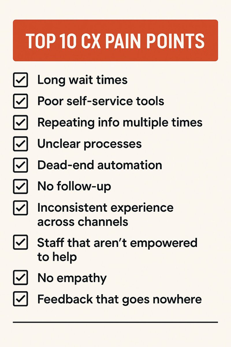 RomrellEvan's tweet image. Top 10 Cx Pain Points:
1. Long wait times
2. Repeating information
3. Inconsistency
4. Clunky digital systems

👇Check the visual for the rest of the list
Each one is a missed opportunity to build trust &amp;amp; loyalty.

You probably have a few in your org- which is your biggest issue?
