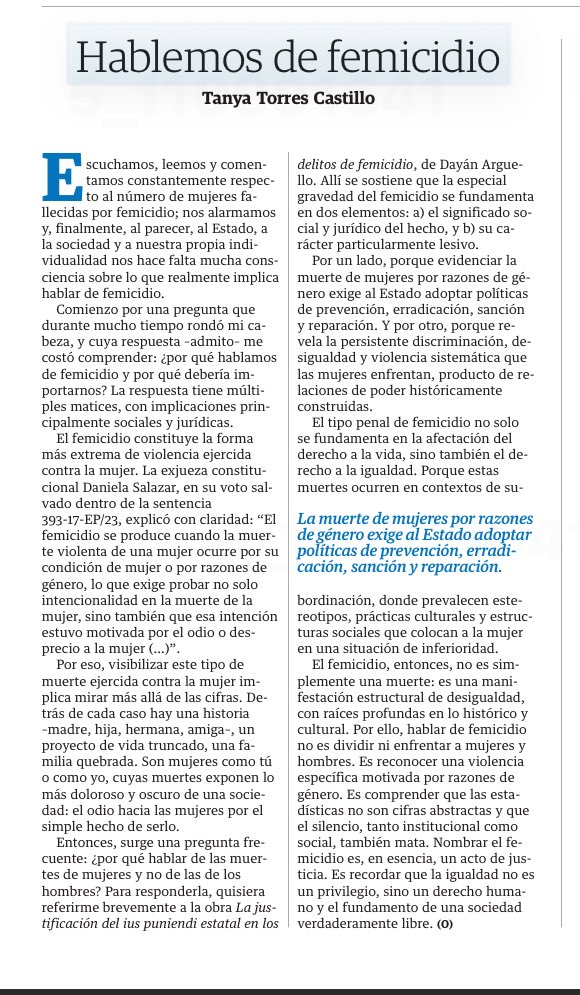 Tanya Torres (@tanyto) on Twitter photo Comparto mi columna de hoy sobre #Femicidio en <a href="/eluniversocom/">El Universo</a>
Una análisis corto que permite comprender al femicidio “no como una simple muerte sino como una manifestación estructural de desigualdad, con raíces profundas en lo histórico y cultural”.
Gracias por su lectura 🤓 Comparto mi columna de hoy sobre #Femicidio en <a href="/eluniversocom/">El Universo</a>
Una análisis corto que permite comprender al femicidio “no como una simple muerte sino como una manifestación estructural de desigualdad, con raíces profundas en lo histórico y cultural”.
Gracias por su lectura 🤓