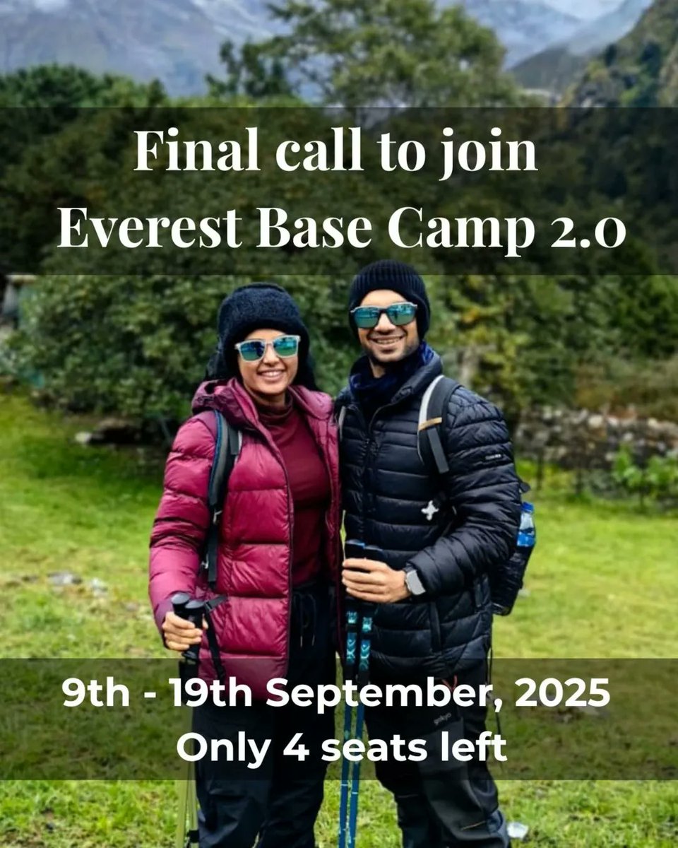 coachsnehdesai's tweet image. Only 4 seats left! 🏔️ 

Join us for a life-changing reset at Everest Base Camp, Sept 9–19, 2025. 

Go to : 👉
link.snehdesai.com/EBC2025 

OR

Comment "EVEREST".

#EBC2025 #InnerReset #SnehDesai