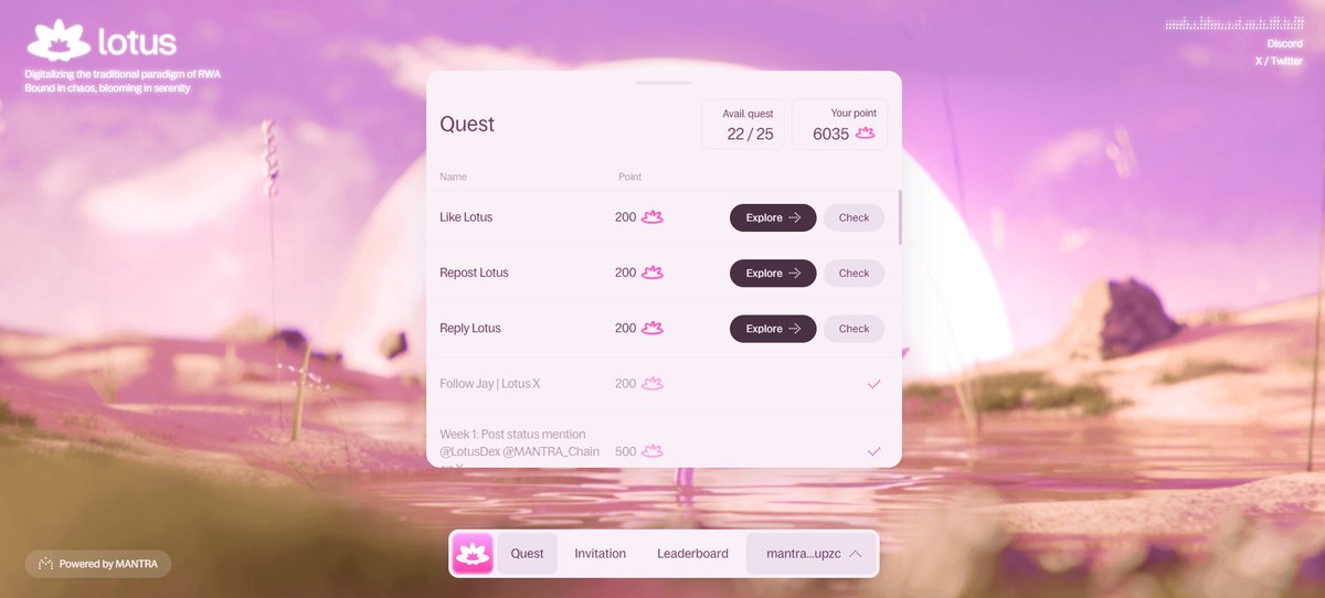 🪷 New quests just dropped on <a href="/LotusDex/">Lotus🪷</a> dApp + Discord raidbot active!  🪷

🪷Why being EARLY matters more than ever: 

→ Fresh quests = instant XP while competition is LOW 
→ Positions lock AHEAD of mainnet rush 
→ Higher roles = exclusive rewards (limited spots)

This timing