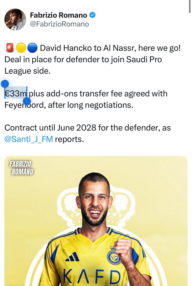 _AboMrzoq's tweet photo. النصر تعاقد مع اغلى مدافع بتاريخ الدوري 
سيماكان بـ 40 مليون يورو 

النصر تعاقد مع اغلى لاعب بتاريخ الدوري 
دوران بـ 90 مليون يورو 

النصر سيتعاقد مع اغلى ظهير بتاريخ الدوري 
هانكو بـ 33 مليون يورو 

النصر يملك اللاعب الأعلى راتبا في العالم
رونالدو يتقاضى 200 مليون يورو

النصر يملك أعلى راتبا لجناح في الدوري
ماني يتقاضى 40 مليون يورو 

النصر تعاقد مع أغلى لاعب وسط بتاريخ الدوري
اوتافيو بـ 60 مليون يورو
