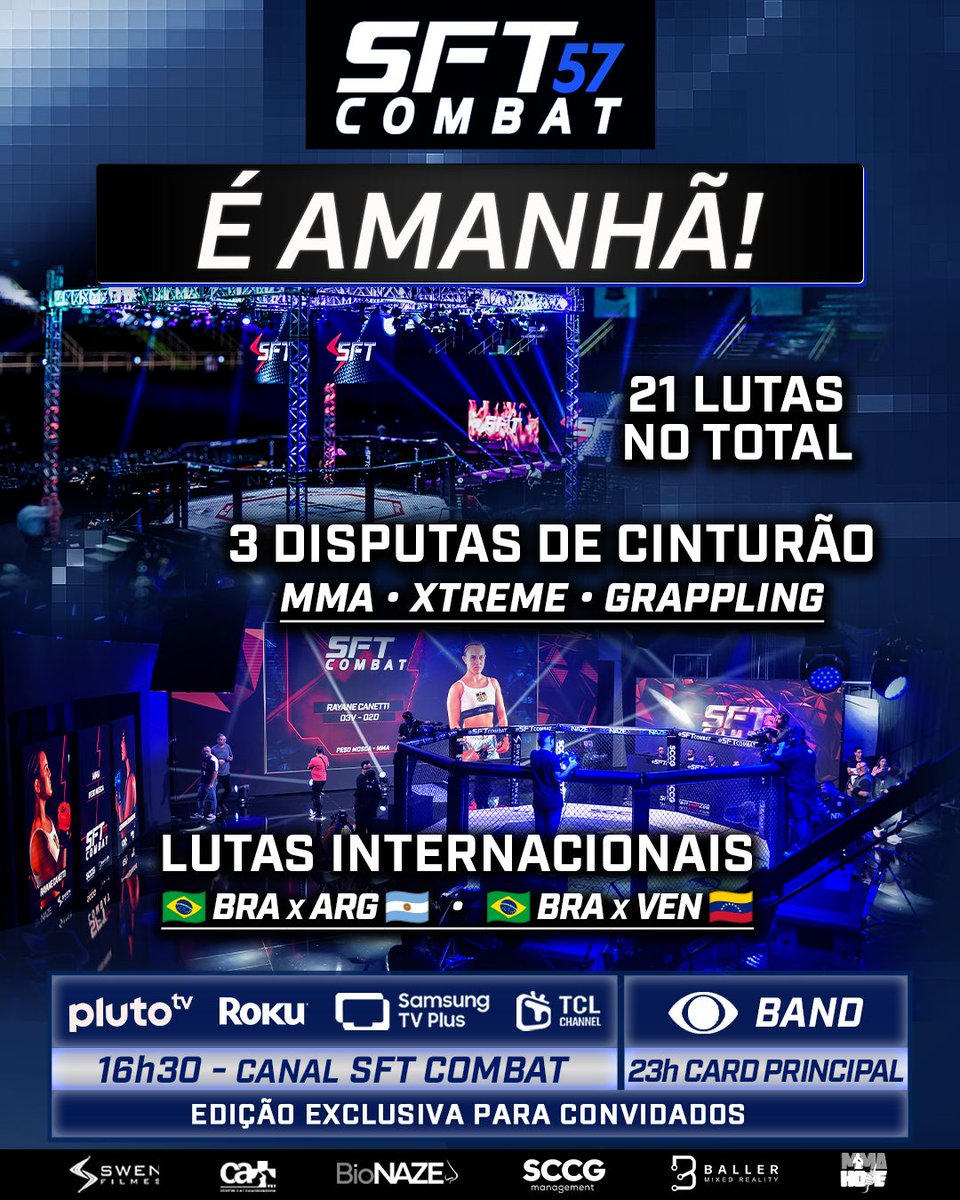 SFT COMBAT 57 • 3 Disputas de CINTURÃO • SÁB 19 JUL 

Está chegando a hora! ⏳ 42 atletas, de norte a sul do país, prometem incendiar o cage do #SFTCombat57. 🔥 Pra quem vai a sua torcida?

👊 SFT Combat: Muito mais que lutas, é ADRENALINA PURA! ⚡️

***************************