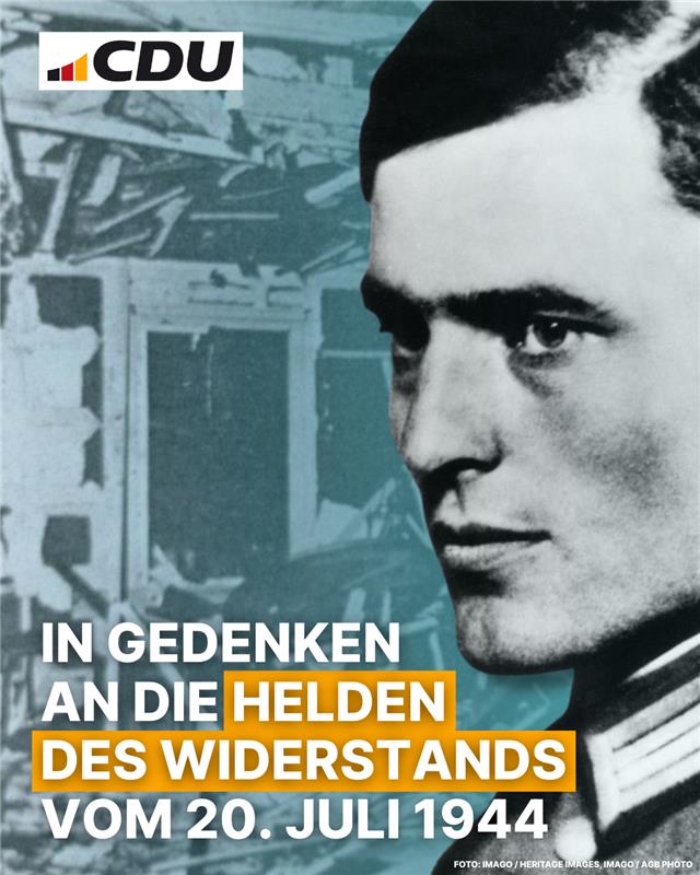 CDU's tweet image. Am 20. Juli 1944 verübte Claus Schenk Graf von Stauffenberg ein Attentat auf Adolf Hitler, um das verbrecherische NS-Regime zu stürzen und den Zweiten Weltkrieg zu beenden. Das Attentat scheiterte. Der zweite Weltkrieg mit Millionen weiterer Opfer endete erst gut ein Jahr später.…