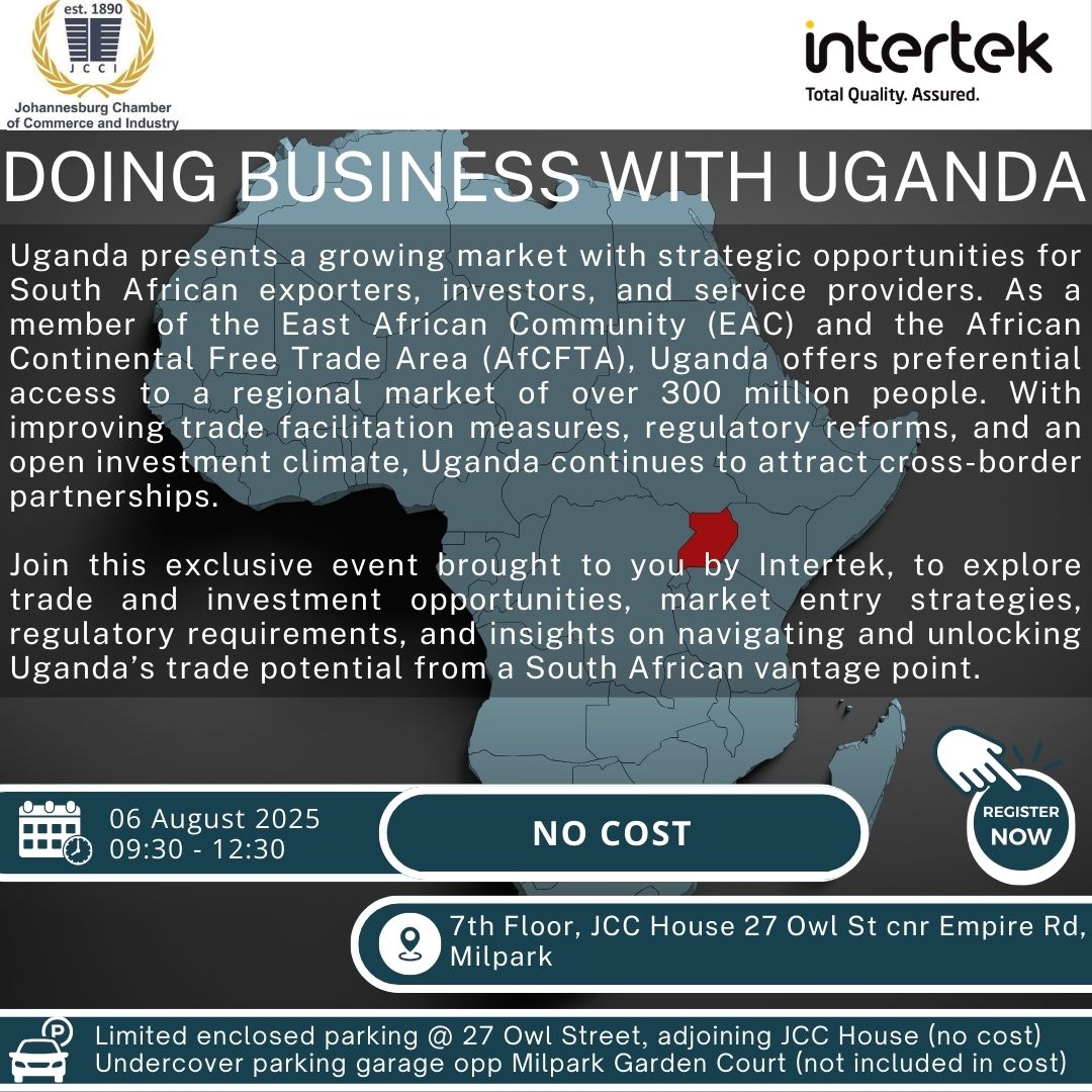 🇺🇬 Doing Business with Uganda 🇿🇦
📅 6 Aug | 🕤 09:30–12:30
📍 JCC House, Milpark | 🎟️ Free Entry
Explore trade &amp; investment opportunities with Uganda via AfCFTA &amp; EAC.
🔗 Register: forms.gle/SJ3jtq3MaGqDce…
#UgandaTrade #JCCIEvents