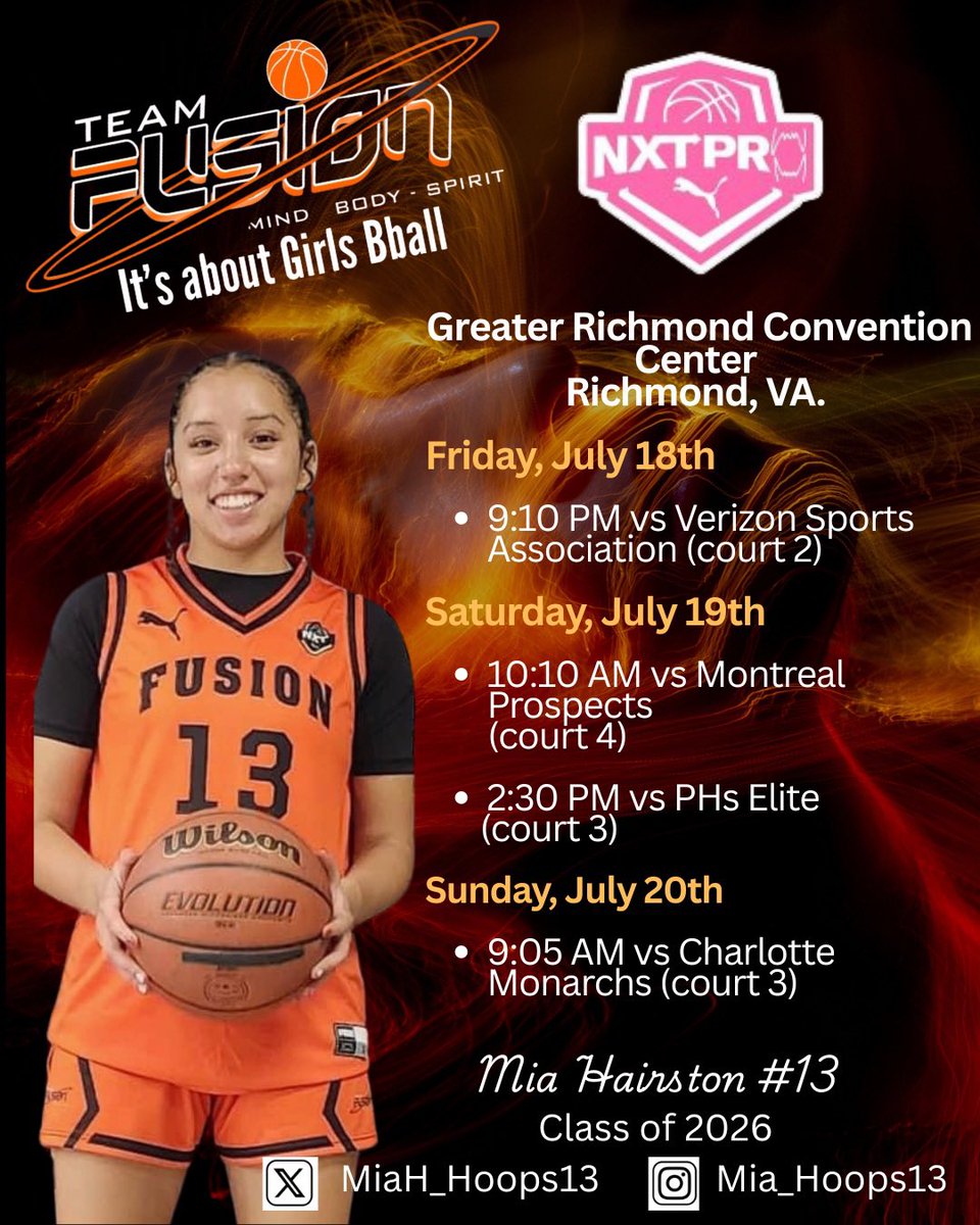 Mia Hairston (@miah_hoops13) on Twitter photo Another weekend we get to ball! Schedule for <a href="/Fusionbball/">Team Fusion</a> at the Greater Richmond Convention Center for the <a href="/PRO16G/">NXTPRO Girls League</a> Puma Live period. #F4L Another weekend we get to ball! Schedule for <a href="/Fusionbball/">Team Fusion</a> at the Greater Richmond Convention Center for the <a href="/PRO16G/">NXTPRO Girls League</a> Puma Live period. #F4L