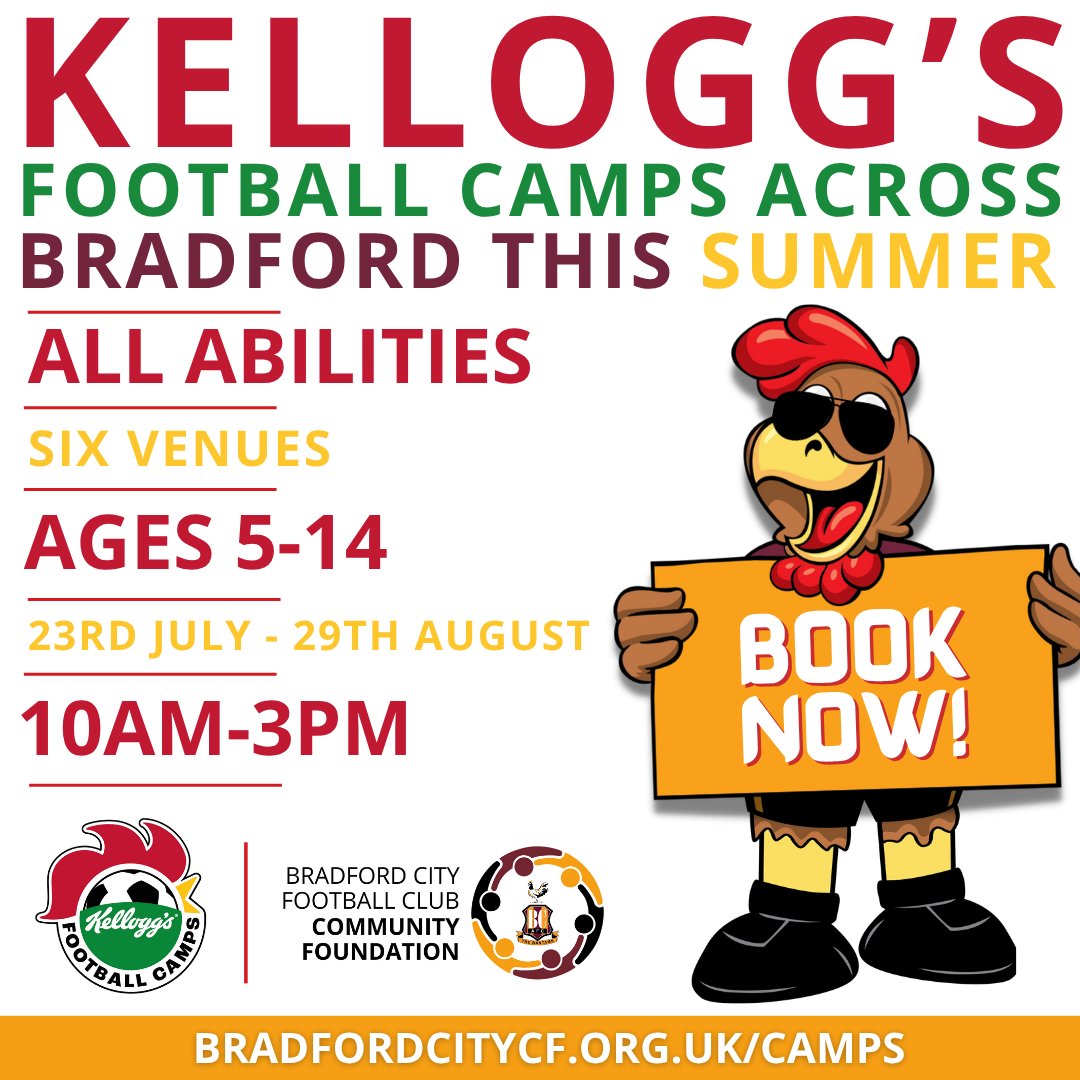 bcafc_cf's tweet image. 🐔 | #FootballCamps
School's out for the summer - and tomorrow we kick off our @KelloggsUKI football camps 😎
Five weeks, six venues, all across #Bradford, all summer long 👇
Places still available - book right here: bradfordcitycf.org.uk/camps
#BCAFC | @officialbantams