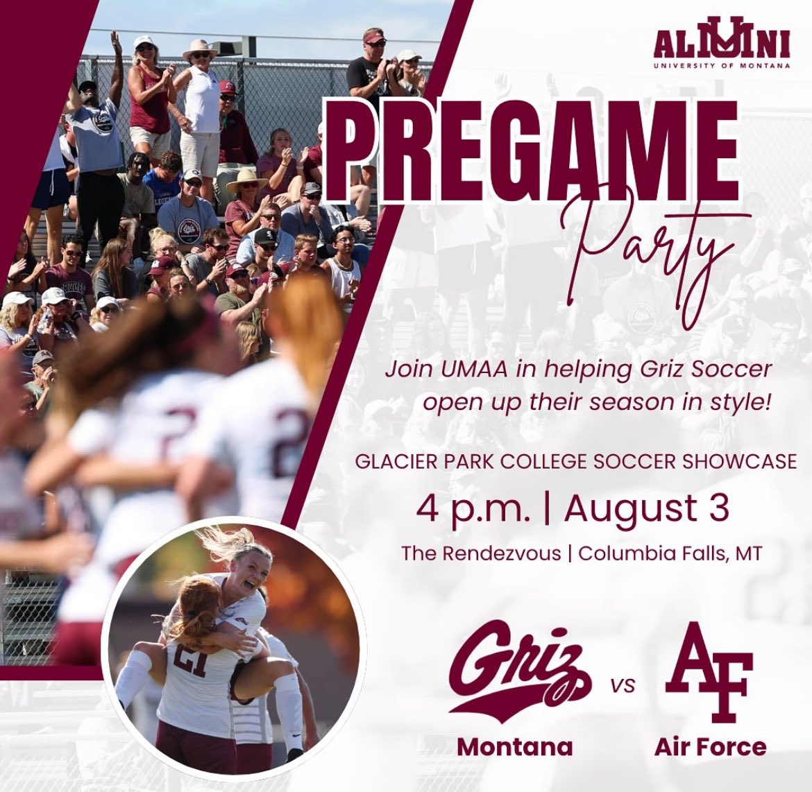 Montana Griz Soccer 🐻⚽️ (@montanagrizsoc) on Twitter photo Calling all <a href="/umontana/">University of Montana</a> alumni to join us in celebrating the start of the Griz Soccer season in Columbia Falls. #BeThere
📍 The Rendezvous
⏰ 4pm
🗓️ Sunday August 3rd Calling all <a href="/umontana/">University of Montana</a> alumni to join us in celebrating the start of the Griz Soccer season in Columbia Falls. #BeThere
📍 The Rendezvous
⏰ 4pm
🗓️ Sunday August 3rd