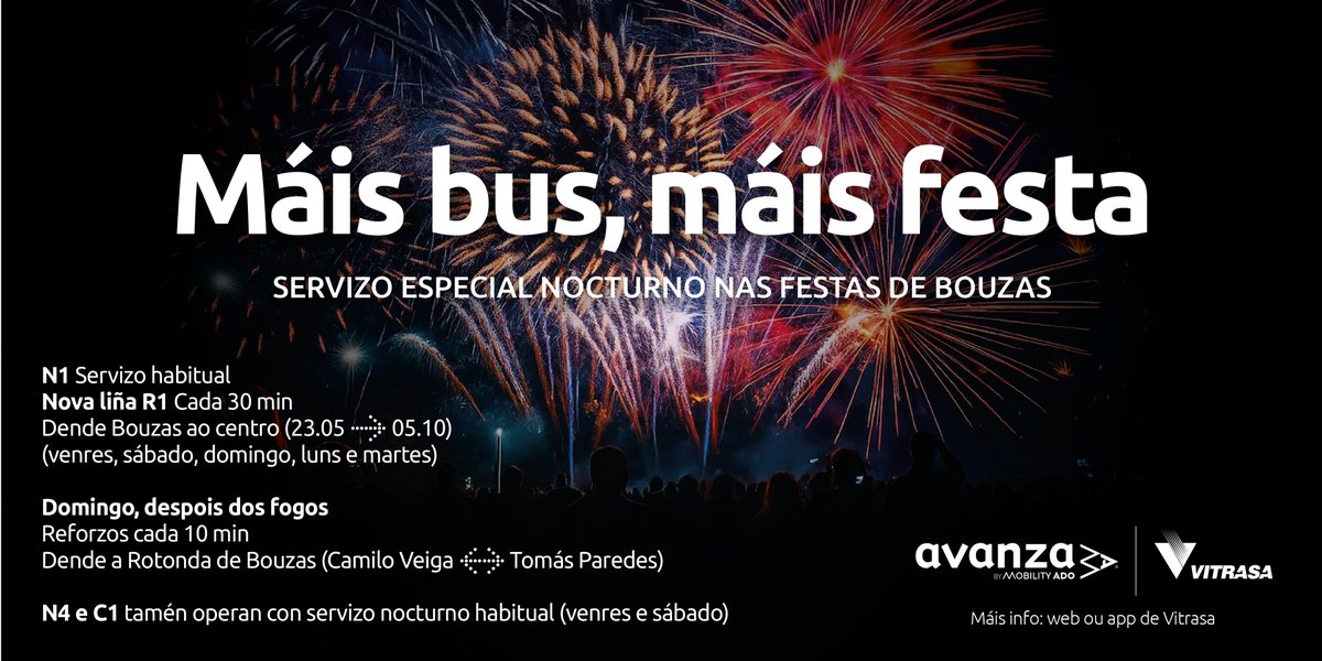 🎆Bouzas está de festa e Vitrasa tamén!

🚌Bus nocturno: R1 cada 30 min (23:05–05:10)

🔥Domingo, reforzos cada 10 min tras os fogos

📲Toda a info en vitrasa.es

#Bouzas #Vigo #FestasBouzas #VigoMola #Vitrasa #MobilidadeSostible #TransporteUrbano