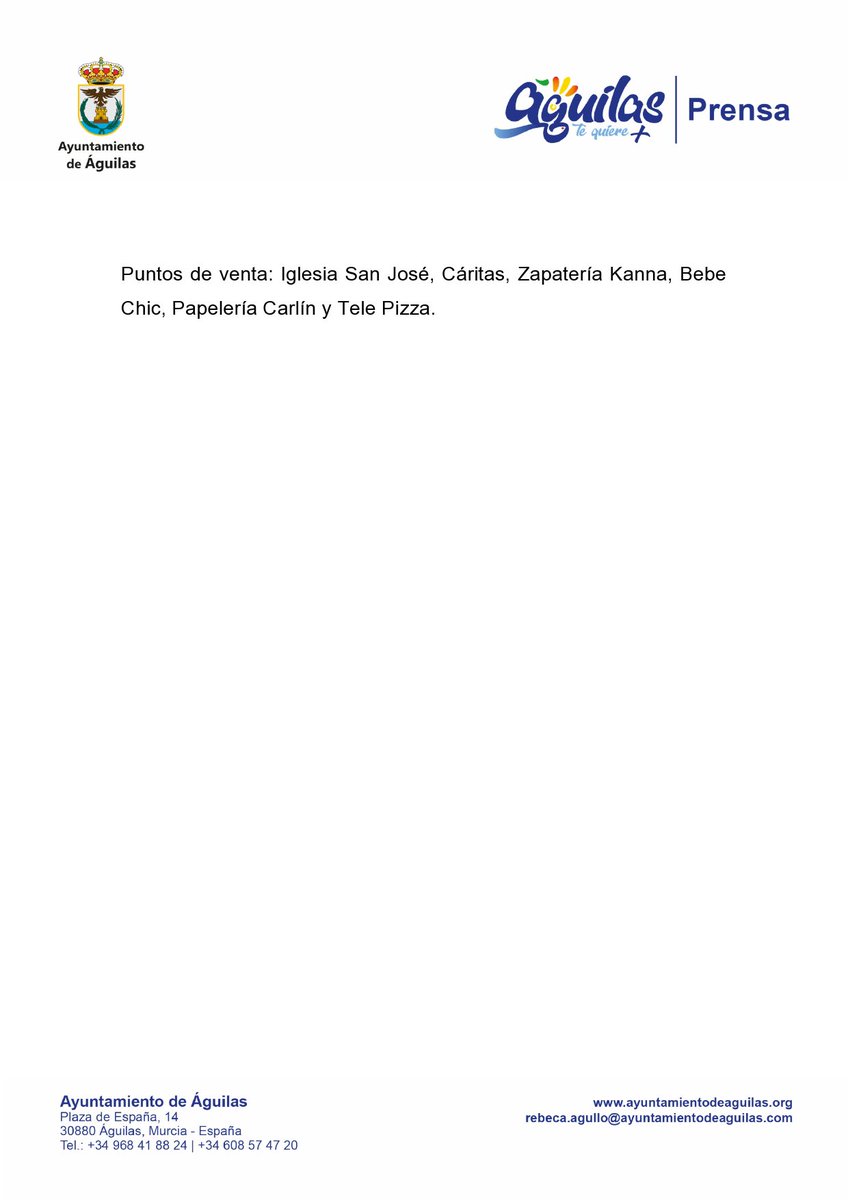 Ya está a la venta el Libro de Verano cuya recaudación íntegra será destinada a Cáritas.
El edil de Turismo, Jose Antonio Consentino, y la directora de Cáritas, Lourdes Sánchez, han dado a conocer los puntos de venta del Libro de Verano 2025.
#LibrodeFestejosAguilas2025