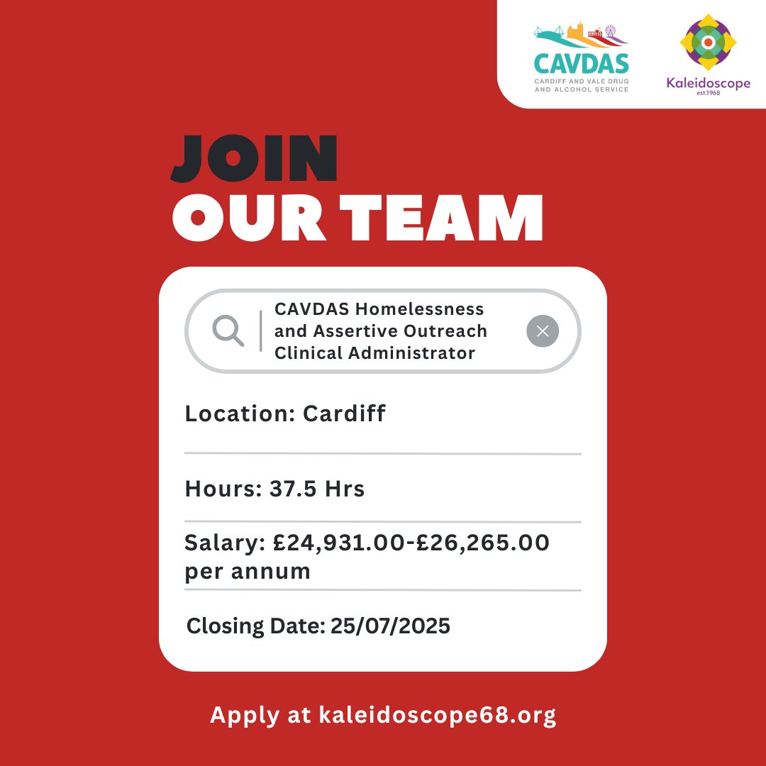 CAVDAS25's tweet image. We're hiring! Join our team as a CAVDAS Homelessness and Assertive Outreach Clinical Administrator ❤
Join our dynamic Multidisciplinary Team and make a real difference.
Apply by July 25th 2025 📄
#CAVDAS #JoinOurTeam #CommunityCare #NowHiring #cardiffandthevale