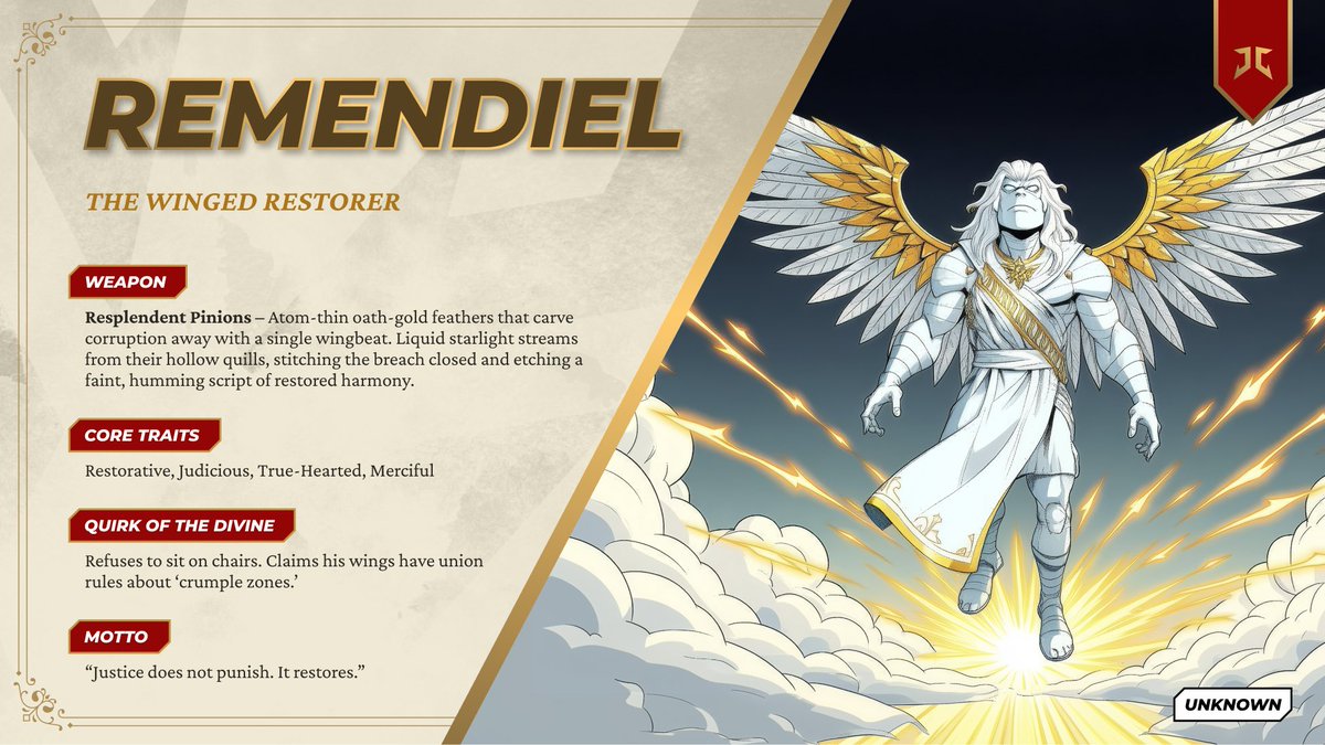 Remendiel, The Winged Restorer (#8631) 🪽

To some, he's a myth.
To others, a final chance.

But when the golden glyphs begin to hum…
even the guilty pray the scalpel reaches them in time. 🙏

Meet the arbiter who heals through justice. 😇

↓