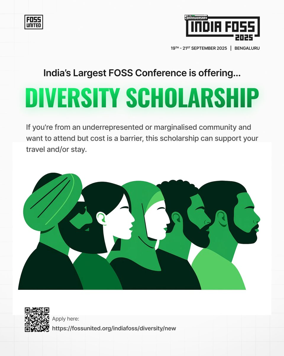 FOSSUnited's tweet image. We’re pleased to offer financial support to help underrepresented groups, students, and community members attend IndiaFOSS 2025.
IndiaFOSS 2025 Key Details:
📅 19–21 September 2025
📍 NIMHANS Convention Centre, Bengaluru
(1/3)