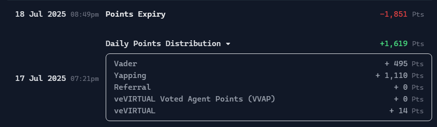 7월 17일 버추얼 포인트 일지

오늘 포인트정산은 뭔가 늦어지네요??
그래서 하루전날 포인트 정산을 해봅니다..!

총점: +1,619점
@vader_ai : +495
Yapping: +1,110

최근 바쁜일과 회식으로 인해...야핑을 별로 하지못하였네요...

다시 주말이 왔으니 힘내봐야죠! 
다시 베이더 랭킹도