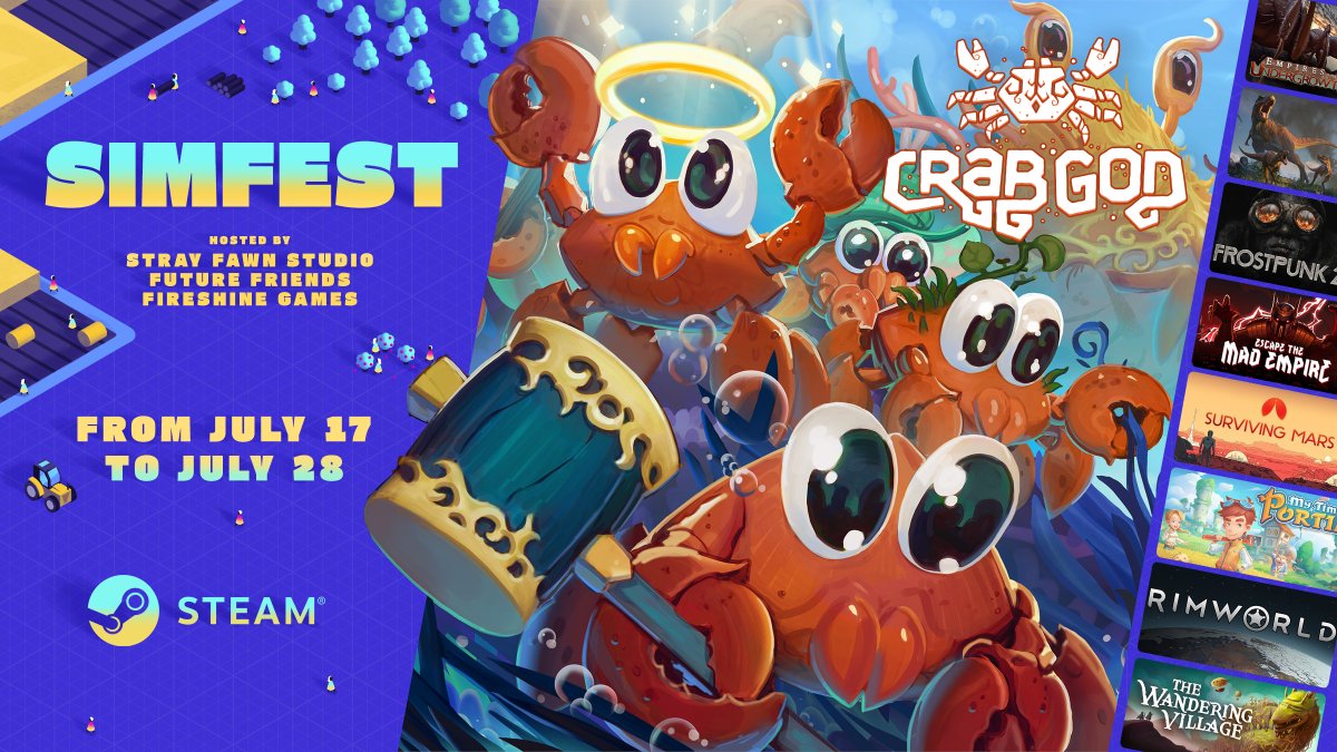 Excited to be part of the #SimFest this year with demos, sales, and news from amazing games!

Start your Crabling colony with a 50% discount: store.steampowered.com/app/2289390/Cr…