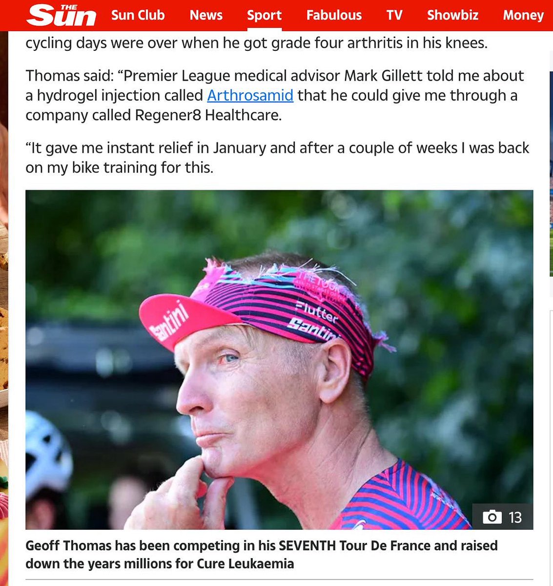 ConturaLtd's tweet image. 20 years ago, @GeoffThomasGTF was fighting leukaemia. Today he’s riding all 21 stages of the Tour de France @TheTour21 raising funds for @CureLeukaemia .
Geoff managed #kneepain with #Arthrosamid — recommended by Premier League CMO @docmarkgillett
📰 thesun.co.uk/sport/35894075…