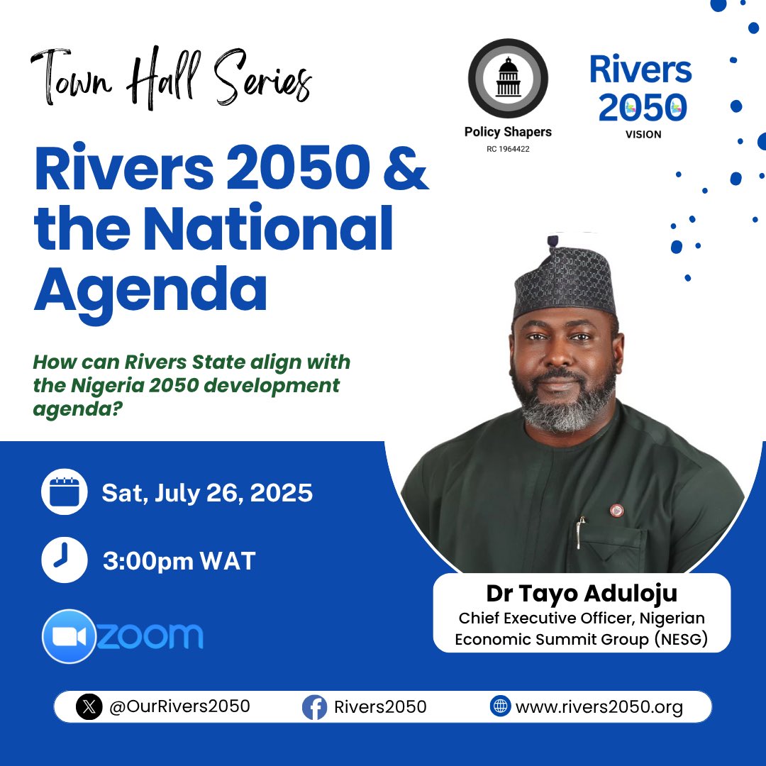 Rivers 2050 Vision (@ourrivers2050) on Twitter photo 🗓️ Saturday, July 26 | A Special Town Hall with Dr Tayo Aduloju, CEO <a href="/officialNESG/">Nigerian Economic Summit Group (NESG)</a>
We will discuss how to align the #Rivers2050Vision with the National Agenda
Register here 👉🏽 us06web.zoom.us/meeting/regist…
#Rivers2050 🗓️ Saturday, July 26 | A Special Town Hall with Dr Tayo Aduloju, CEO <a href="/officialNESG/">Nigerian Economic Summit Group (NESG)</a>
We will discuss how to align the #Rivers2050Vision with the National Agenda
Register here 👉🏽 us06web.zoom.us/meeting/regist…
#Rivers2050
