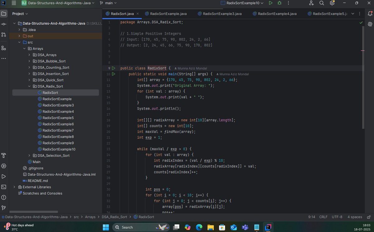 the_departed__'s tweet image. 🚀 DSA #Day 9 – Radix Sort Completed!
🔢 Non-comparison-based
📍 Sorts by each digit (LSD ➡️ MSD)
⚙️ Time: O(n * k)
✅ Stable &amp;amp; Fast for digit-based numbers
🧠 Practiced with 10+ test cases in Java 💻
#DSA #RadixSort #Java #100DaysOfCode #CodeNewbie #Sorting #Day9 #LearnInPublic