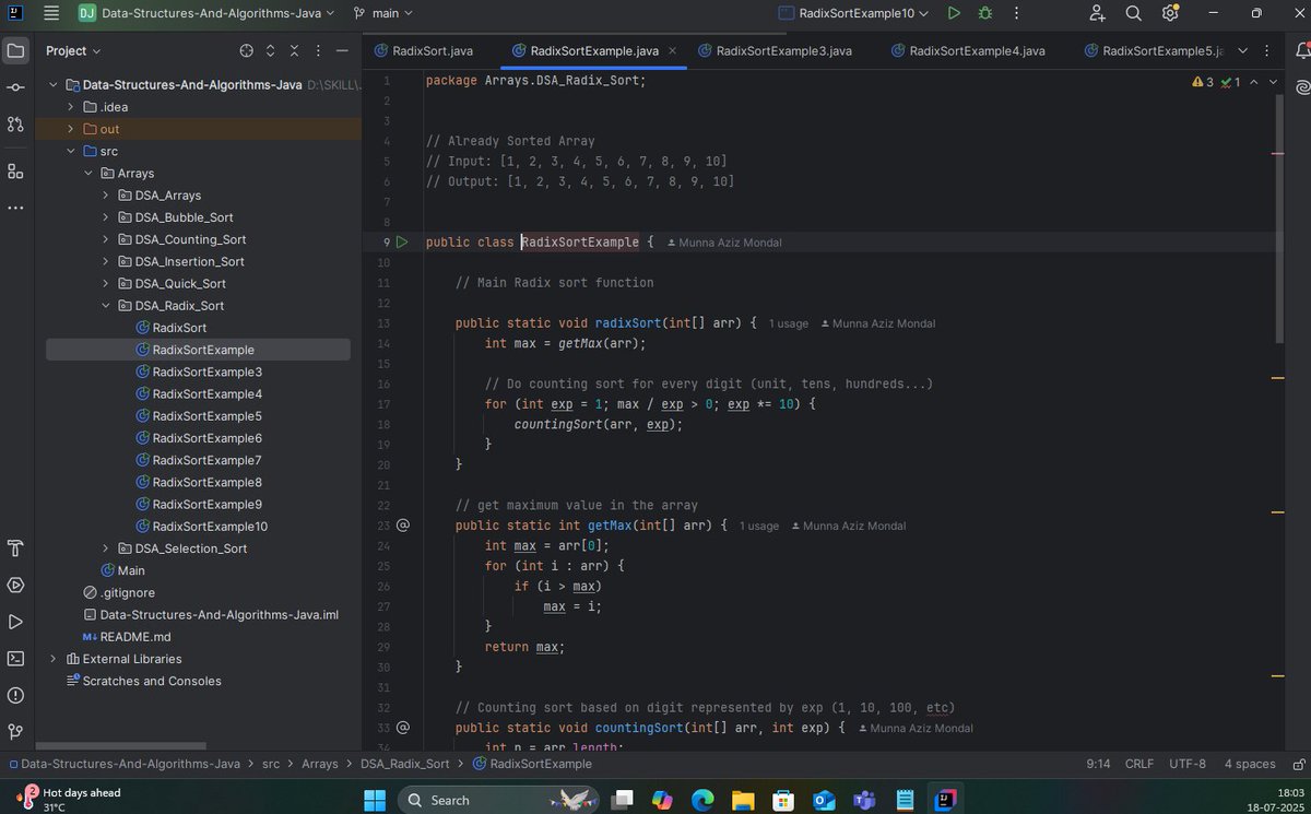 the_departed__'s tweet image. 🚀 DSA #Day 9 – Radix Sort Completed!
🔢 Non-comparison-based
📍 Sorts by each digit (LSD ➡️ MSD)
⚙️ Time: O(n * k)
✅ Stable &amp;amp; Fast for digit-based numbers
🧠 Practiced with 10+ test cases in Java 💻
#DSA #RadixSort #Java #100DaysOfCode #CodeNewbie #Sorting #Day9 #LearnInPublic