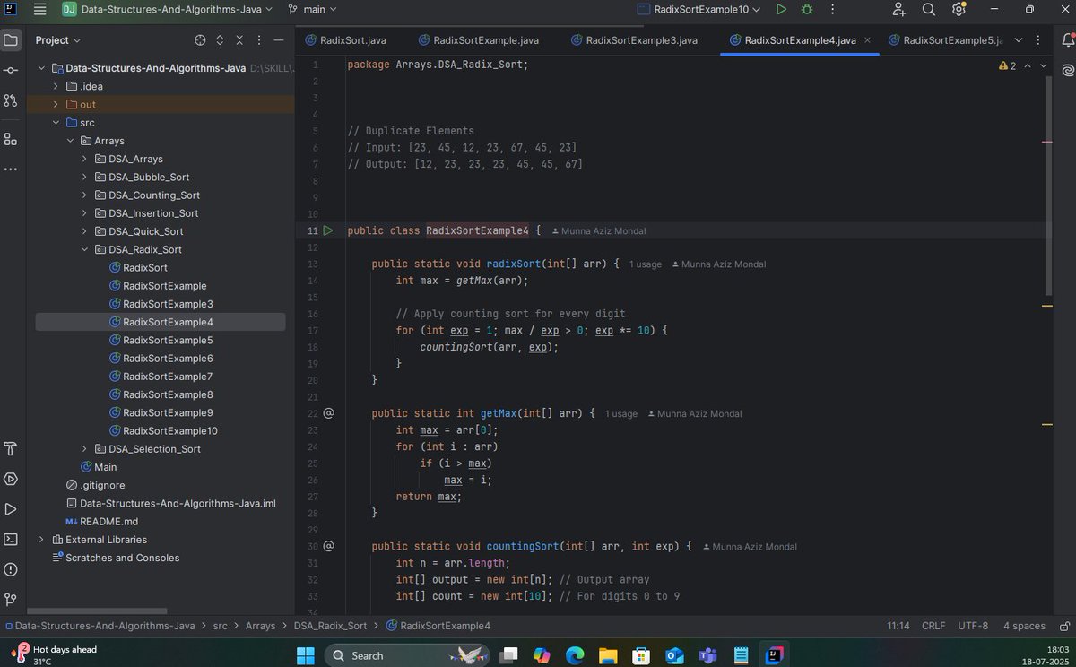 the_departed__'s tweet image. 🚀 DSA #Day 9 – Radix Sort Completed!
🔢 Non-comparison-based
📍 Sorts by each digit (LSD ➡️ MSD)
⚙️ Time: O(n * k)
✅ Stable &amp;amp; Fast for digit-based numbers
🧠 Practiced with 10+ test cases in Java 💻
#DSA #RadixSort #Java #100DaysOfCode #CodeNewbie #Sorting #Day9 #LearnInPublic