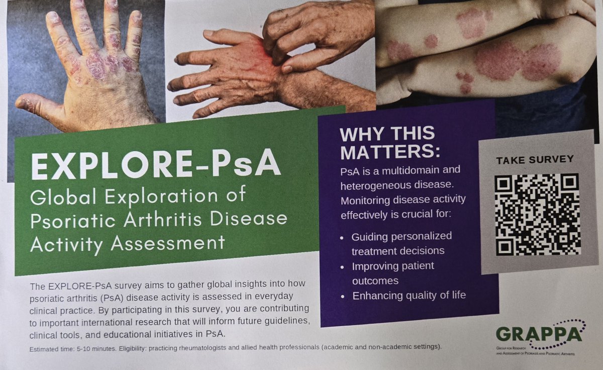 André Ribeiro (@dr_andreribeiro) on Twitter photo Take the #EXPLOREPsA survey 🧭 — led by #YoungGRAPPA to learn how PsA disease activity is assessed globally.
🕐 5–10 min
🌍 Worldwide participation welcome
🔗app.onlinesurveys.jisc.ac.uk/s/oxford/explo…
<a href="/GrappaO/">GRAPPA Network - Official</a>
<a href="/reumacia/">Cristina Macía</a>
<a href="/rheum_cat/">Rheum Cat</a>
<a href="/Lupusreference/">Laurent ARNAUD</a> Take the #EXPLOREPsA survey 🧭 — led by #YoungGRAPPA to learn how PsA disease activity is assessed globally.
🕐 5–10 min
🌍 Worldwide participation welcome
🔗app.onlinesurveys.jisc.ac.uk/s/oxford/explo…
<a href="/GrappaO/">GRAPPA Network - Official</a>
<a href="/reumacia/">Cristina Macía</a>
<a href="/rheum_cat/">Rheum Cat</a>
<a href="/Lupusreference/">Laurent ARNAUD</a>