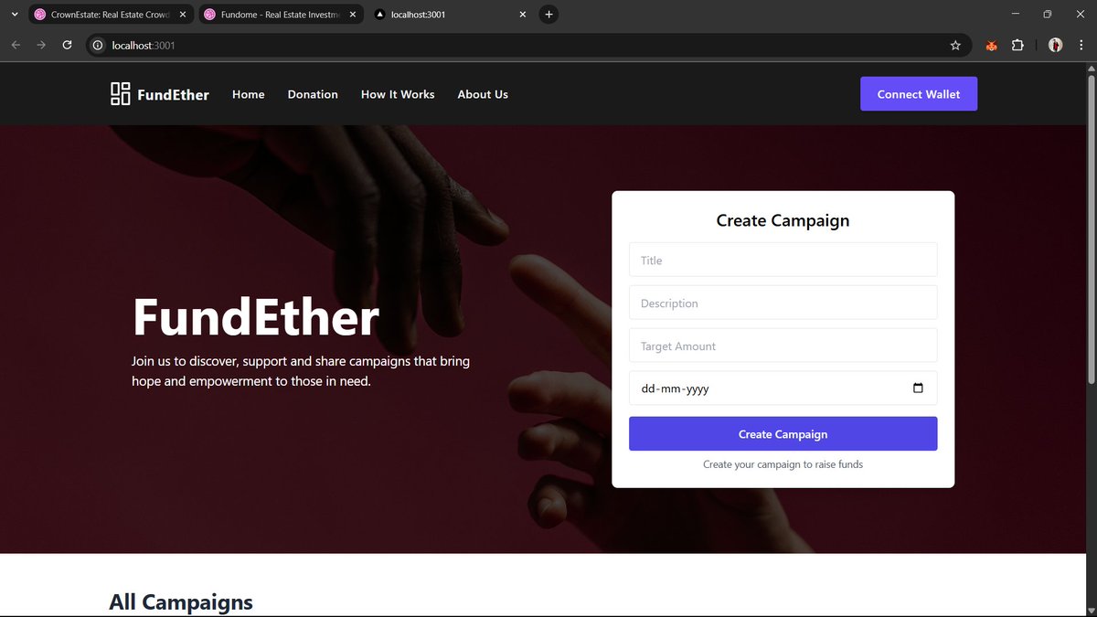 harshhshuklaa's tweet image. So i made a Crowdfunding Platform in blockchain thanks to @kirat_tw 

suggest me some more features  

existing features-  
connect wallet (metamask) 
add campaigns  
donate to campaigns

#dsa #striver