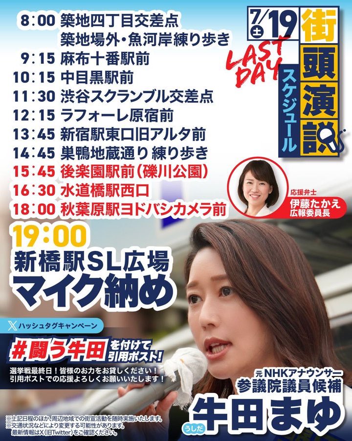 dpfptokyo's tweet image. 🔥 #手取りを増やす夏 Final 🔥

選挙戦17日目、ついに最終日！！！！
両候補の最終日の街宣演説日程をお知らせします🐰

マイク納めは、19:00からはじまりの地、新橋駅SL広場にて #玉木雄一郎 代表、#榛葉賀津也 幹事長をはじめ、都連の議員団他
総力戦で盛り上げます！

最後は、全員新橋集合！…