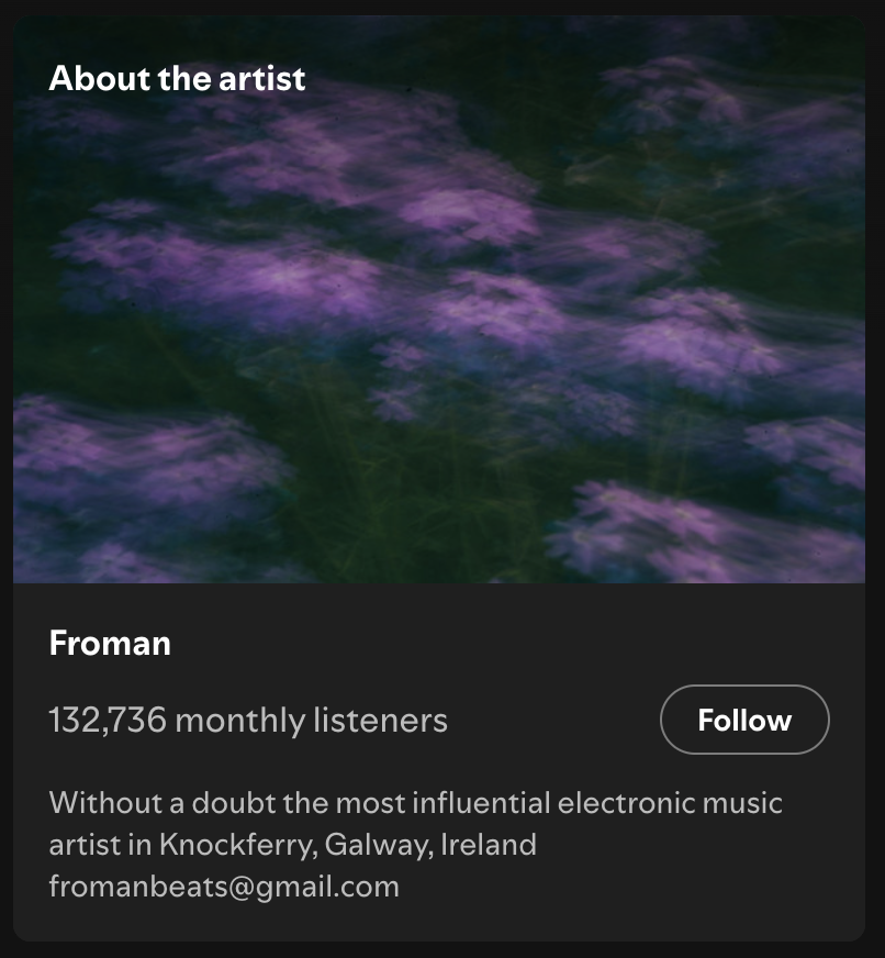 FatFrogsBTC's tweet photo. amazing spotify bio https://t.co/r8rf2EhiFv