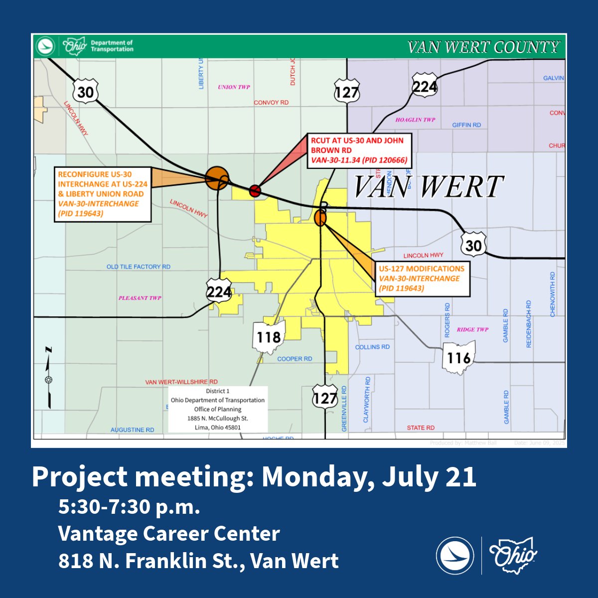 ODOT_NWOhio's tweet image. VAN WERT COUNTY: MONDAY'S THE DAY!
Join us at Vantage Career Center July 21, 5:30-7:30 PM, to discuss safety enhancements on U.S. 30, 224 & 127 corridors.
Learn more & share with friends: transportation.ohio.gov/about-us/news/…