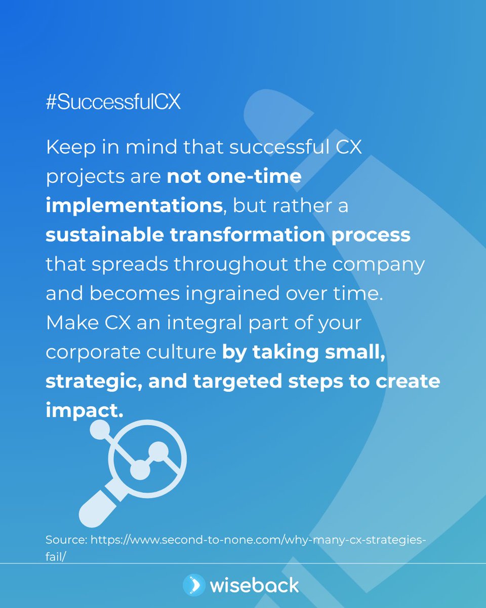 wiseback's tweet image. 🚩 Most #CX strategies fail due to a lack of ownership, executive support, silos, and innovation. Assign CX leadership, align metrics, and drive collaboration. Wiseback is here to help!