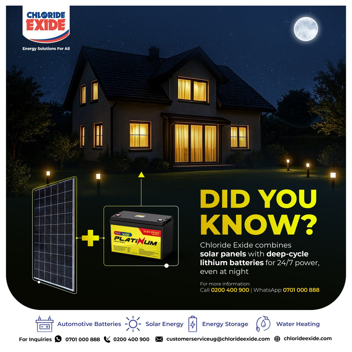 chlorideexideug's tweet image. Chloride Exide’s solar systems include top-grade deep-cycle Lithium Batteries that store solar energy for use at night or during cloudy days.
That’s non-stop power, even when the sun’s not out!
Perfect for homes, farms, schools & off-grid sites.
For more information:
📞 Call…