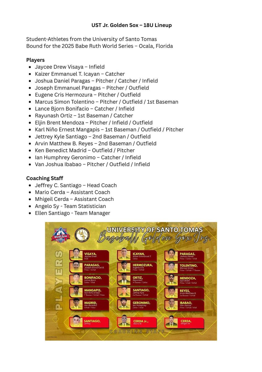 alexcerado's tweet photo. Hello UAAP and UST communities! 

The UST Jr. Golden Sox 18U will represent the PH 🇵🇭 this August 1–10 in the 2025 Babe Ruth World Series in Ocala, Florida, USA! 🇺🇸

We need your help to support our athletes. 

📲 You can donate through GCash or BPI QR (see 2nd photo). Thank you! https://t.co/POqb4fxorA