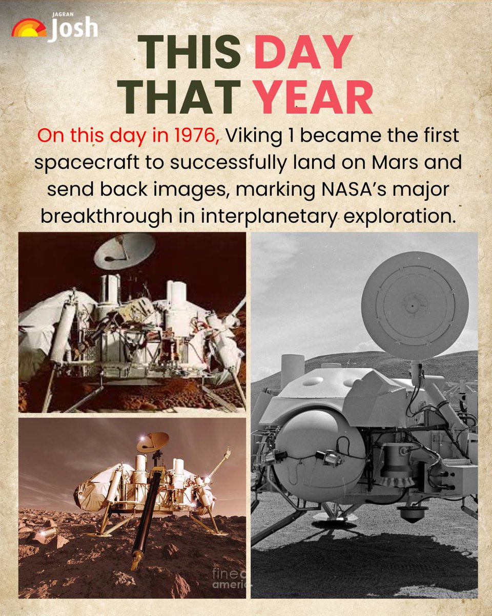 Jagranjosh's tweet image. This Day That Year | July 20, 1976
On this day, NASA’s Viking 1 became the first
spacecraft to land on Mars and send back images from the red planet — a giant leap in interplanetary
exploration and a defining moment in space history!
#ThisDayThatYear #MarsLanding #Viking1 #NASA