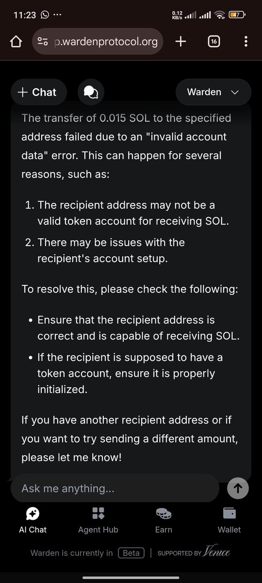 unknwndefi's tweet image. I have been having issues trying to send out Solana from my @wardenprotocol wallet the AI keeps failing. I reduced the amount and even changed address to different addresses.
Still to no Avail
Please is there a way to rectify this ..