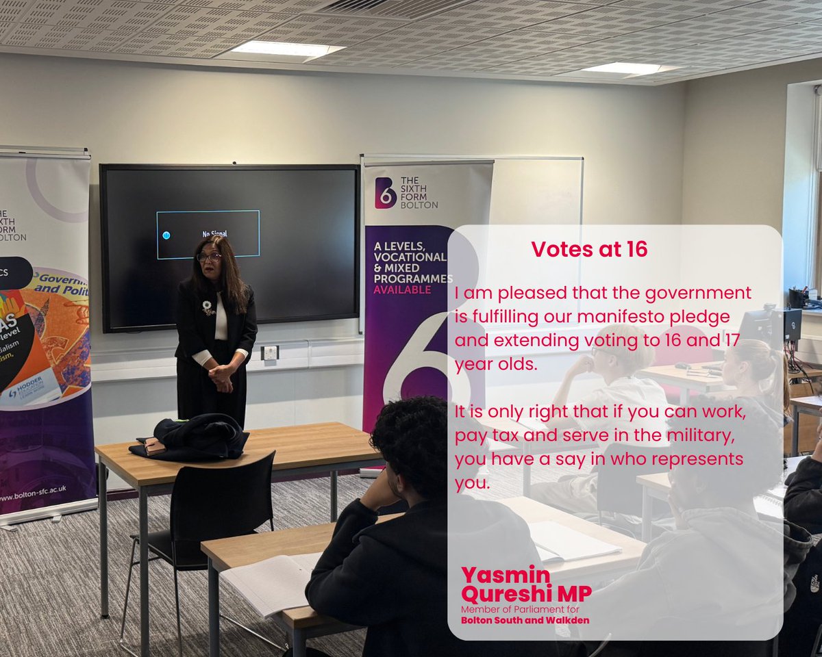 YasminQureshiMP's tweet image. 16- and 17-year-olds already work, pay tax and serve in the armed forces. They deserve a voice in our democracy too.
The Government's announcement is a welcome step towards empowering young people to take part in the democratic process.