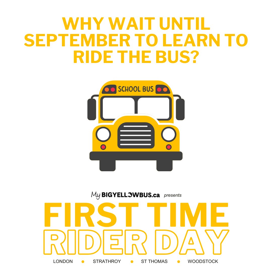 Kindergarten Families: First Time Rider Day is an opportunity for your First Time Rider to learn about bus safety and experience their first bus ride!  
@ 5 locations on August 14th, 2025 from 5-7pm 
Info  &amp; to reserve your spot visit: mybigyellowbus.ca/first-time-rid…