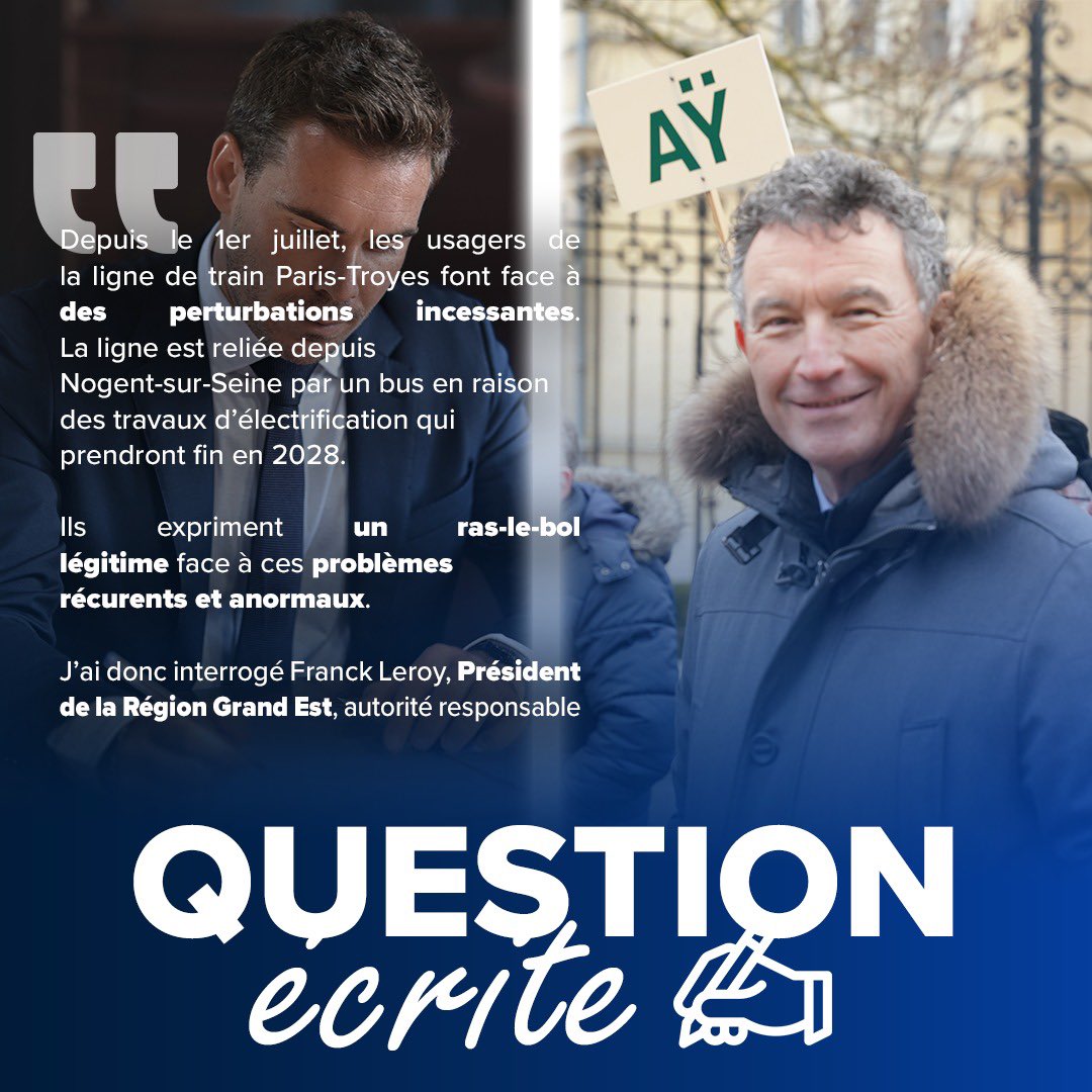 jordan_guitton's tweet image. ✍️ J’ai interrogé @Franck_LEROY_, Président de la région Grand Est, face aux perturbations incessantes que doivent subir les usagers de la ligne Paris-Troyes. 🚂
➡️ Retards nombreux, pannes aux passages à niveaux, suppressions de trains, … Ces dysfonctionnements perturbent le…