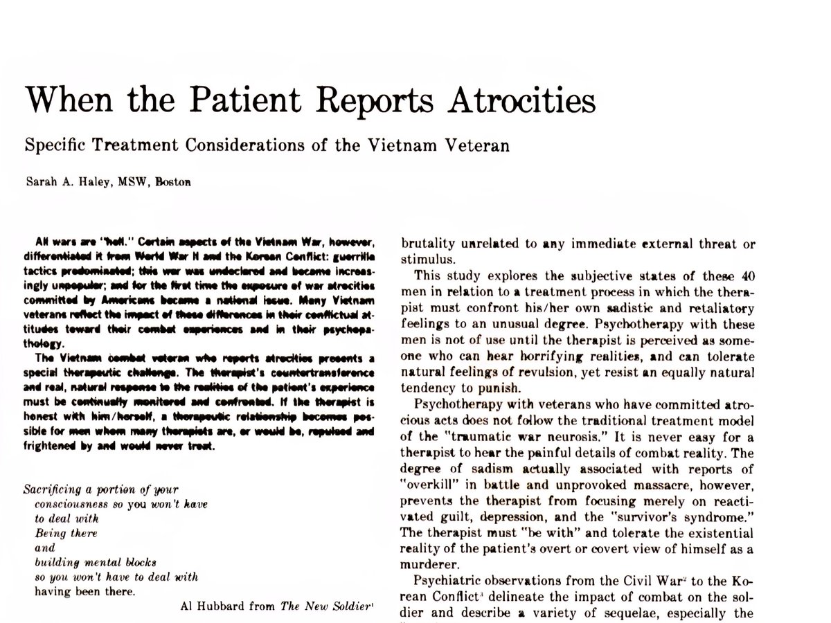 MarkLRuffalo's tweet image. This landmark 1974 paper by Sarah Haley, M.S.W., of the Boston VA Hospital, published in the Archives of General Psychiatry, helped establish posttraumatic stress disorder as a diagnosis in DSM-III.