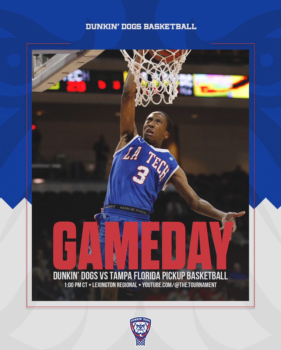 DunkinDogsTBT's tweet image. GAMEDAY 🐶

🏀 » Dunkin’ Dogs vs @TFPBasketball
⏰ » 1PM CT / 2PM ET
📺 » YouTube.com/@The.Tournament

@LATechHoops x @TheTournament
