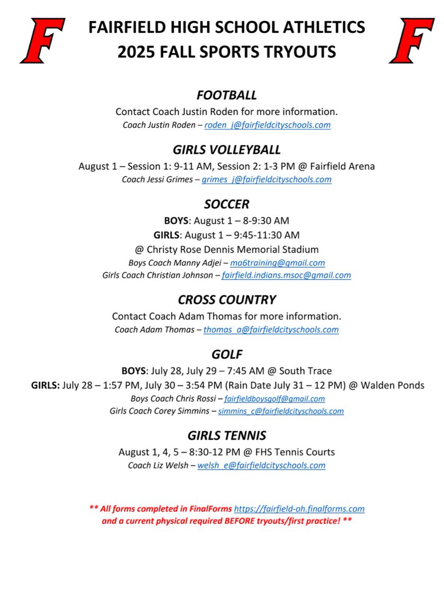 Aaron Blankenship (@fcsdathletics) on Twitter photo Just two weeks away from the start of Fall Sports! See below for updated information regarding tryouts for each of our fall sports programs.
#FairfieldPride #OneTribe
fairfieldindians.com/documents/2025β¦ Just two weeks away from the start of Fall Sports! See below for updated information regarding tryouts for each of our fall sports programs.
#FairfieldPride #OneTribe
fairfieldindians.com/documents/2025β¦