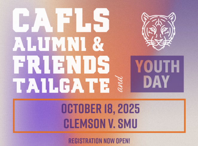 ClemsonCAFLS's tweet image. Mark your calendars - we are just 3️⃣ months away from the @SCFarmBureau CAFLS Alumni Football Tailgate! 🏈✨

Join us October 18th at Fike Recreation Center for one of our favorite fall traditions. You won&apos;t want to miss it! 🐅

More Info 👉 clemson.edu/cafls/alumni/e…