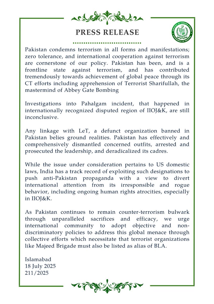 🔊PR No.2️⃣1️⃣1️⃣/2️⃣0️⃣2️⃣5️⃣

mofa.gov.pk/press-releases…
🔗⬇️