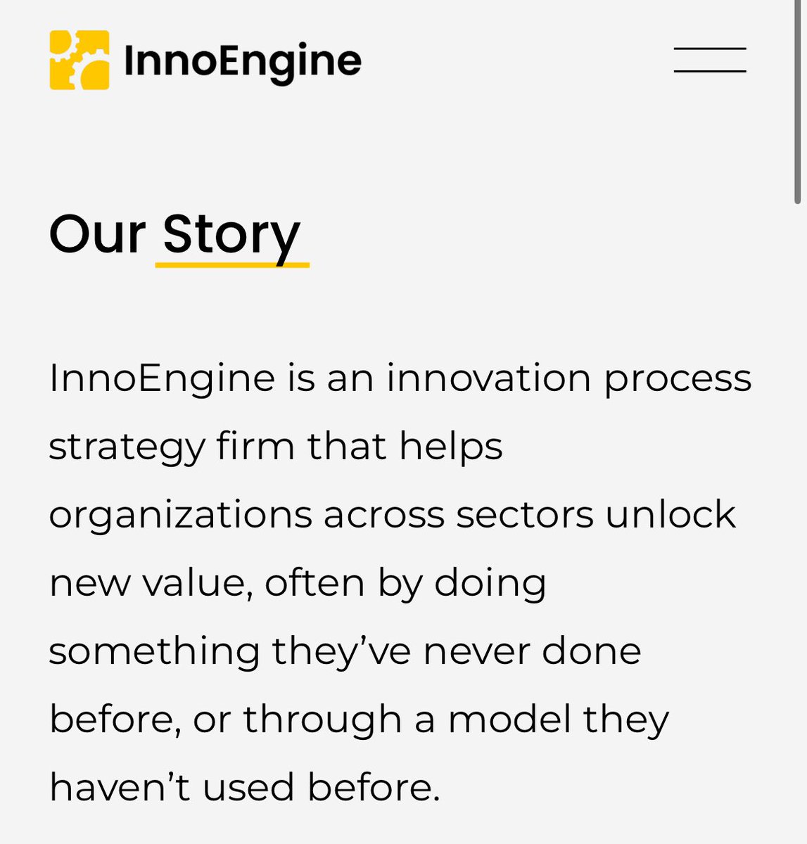 Whatever the client and sector, InnoEngine’s models help teams get going, projects get unstuck, and communities and organizations operating like efficient, effective engines of innovation.

Learn more about our story: innoengine.co/our-story