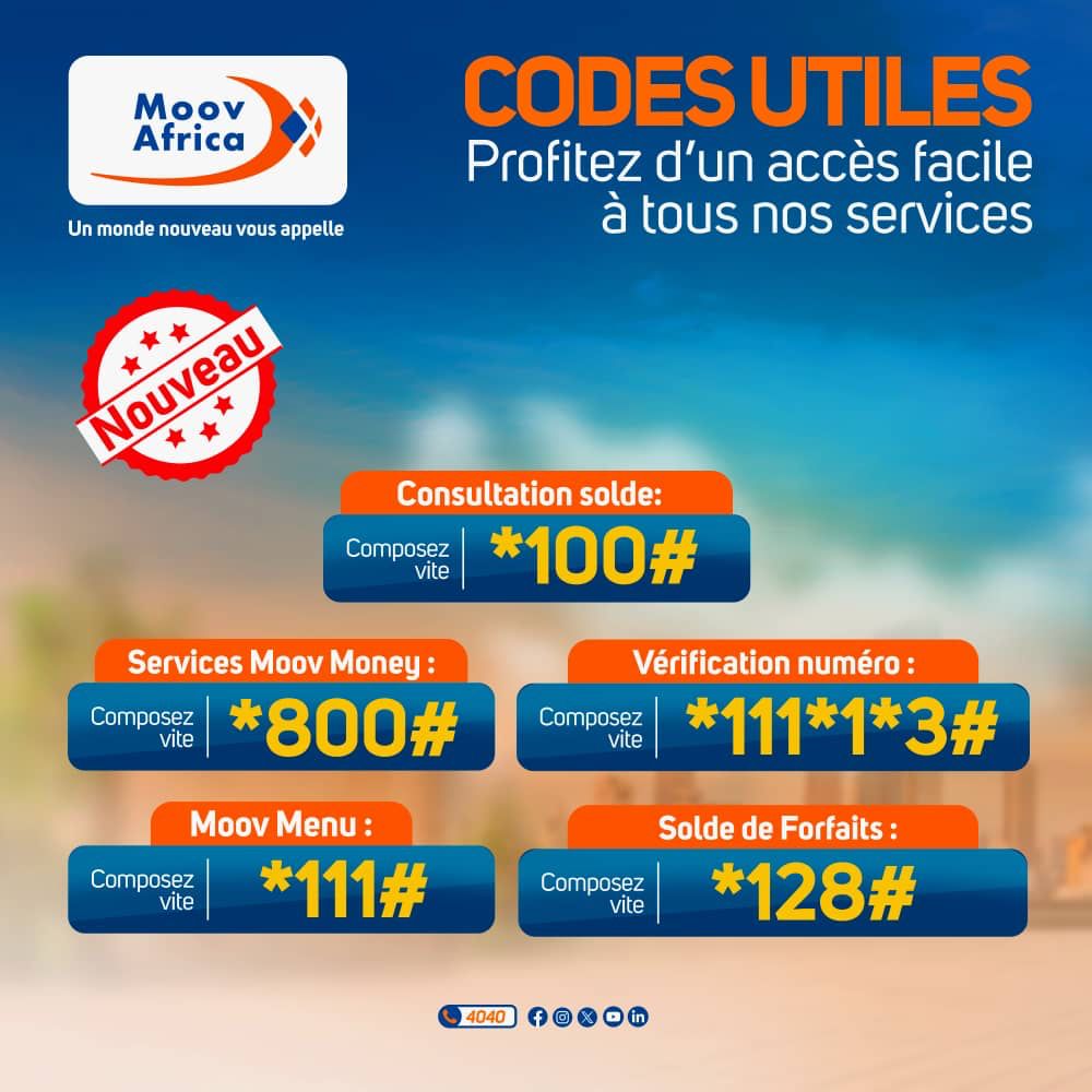 🔓 𝐀𝐜𝐜𝐞́𝐝𝐞𝐳 𝐚̀ 𝐭𝐨𝐮𝐬 𝐯𝐨𝐬 𝐬𝐞𝐫𝐯𝐢𝐜𝐞𝐬 𝐩𝐫𝐞́𝐟𝐞́𝐫𝐞́𝐬 𝐞𝐧 𝐮𝐧 𝐜𝐥𝐢𝐧 𝐝'œ𝐢𝐥 𝐚𝐯𝐞𝐜 𝐌𝐨𝐨𝐯 𝐀𝐟𝐫𝐢𝐜𝐚 ! 🔓
  
Tous les codes utiles sont là, prêts à vous simplifier la vie. Utilisez-les dès maintenant pour profiter au max de votre numéro Moov💪📱