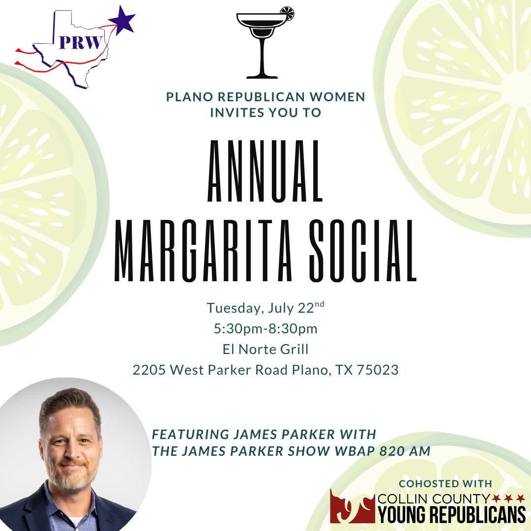 CCYRTX's tweet image. Plano Republican Women invite you to their Annual Margarita Social — and this year, the Collin County Young Republicans are joining the fun! 🍹
🗓 Tuesday, July 22nd | 🕠 5:30–8:30 PM
📍 El Norte Grill | 2205 W Parker Rd, Plano
🎙 Featuring James Parker
facebook.com/events/s/annua…