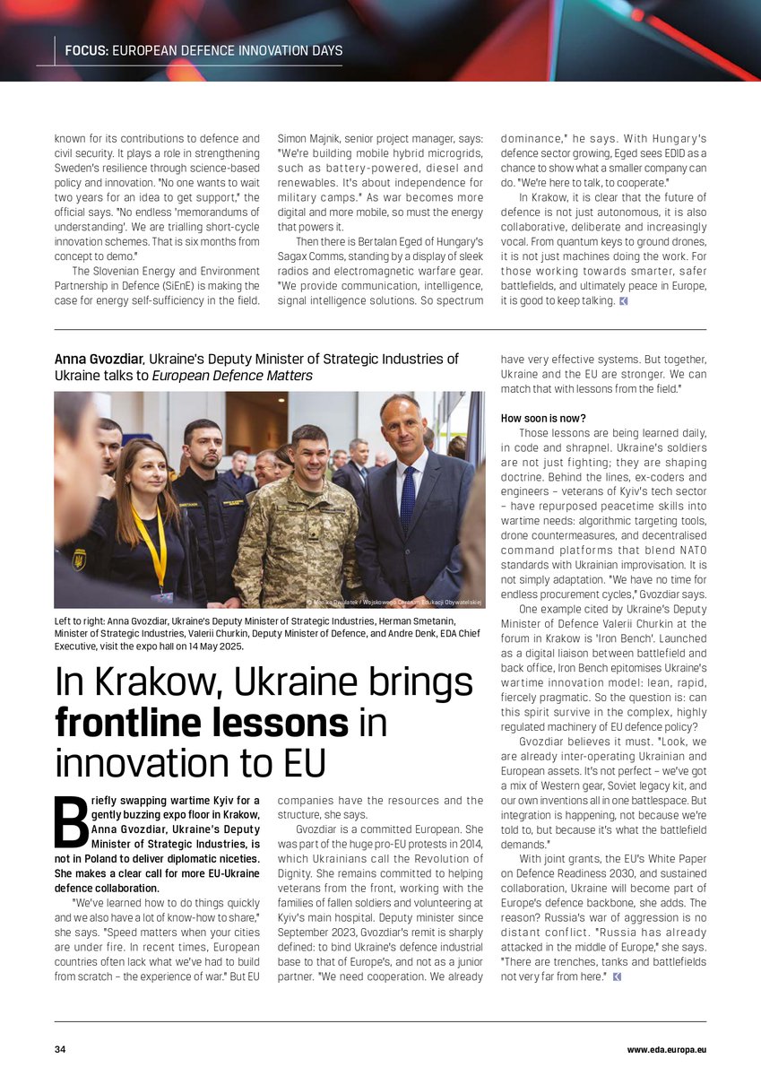 EUDefenceAgency's tweet image. In the latest edition of European Defence Matters (#EDM), we take you inside the European Defence Innovation Days.
Ukrainian innovators were also present in strong numbers.
➡️shorturl.at/fFcUH
#EUdefence #EDID25