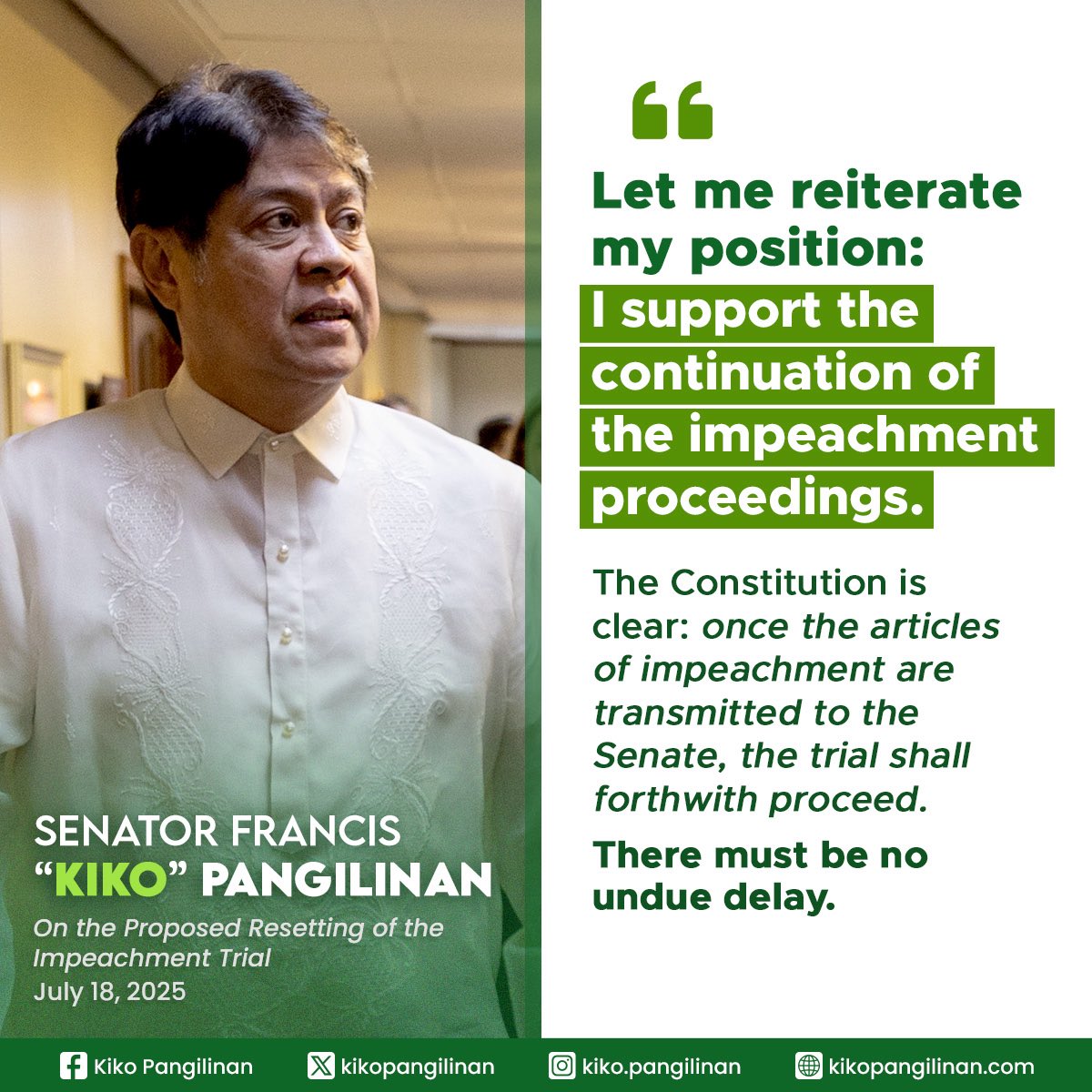 kikopangilinan's tweet photo. We will seek clarification on reports of a proposed resetting of the impeachment trial.

Let me reiterate my position:
I support the continuation of the impeachment proceedings.

The Constitution is clear: once the articles of impeachment are transmitted to the Senate, the trial shall forthwith proceed.
There must be no undue delay.

As senators, we are constitutionally bound to sit as judges and ensure that the process moves forward with fairness, integrity, and urgency.

Under our Constitution, the Senate is not only a legislative body—it is a court of impeachment.
And we are duty bound to uphold and defend the Constitution.